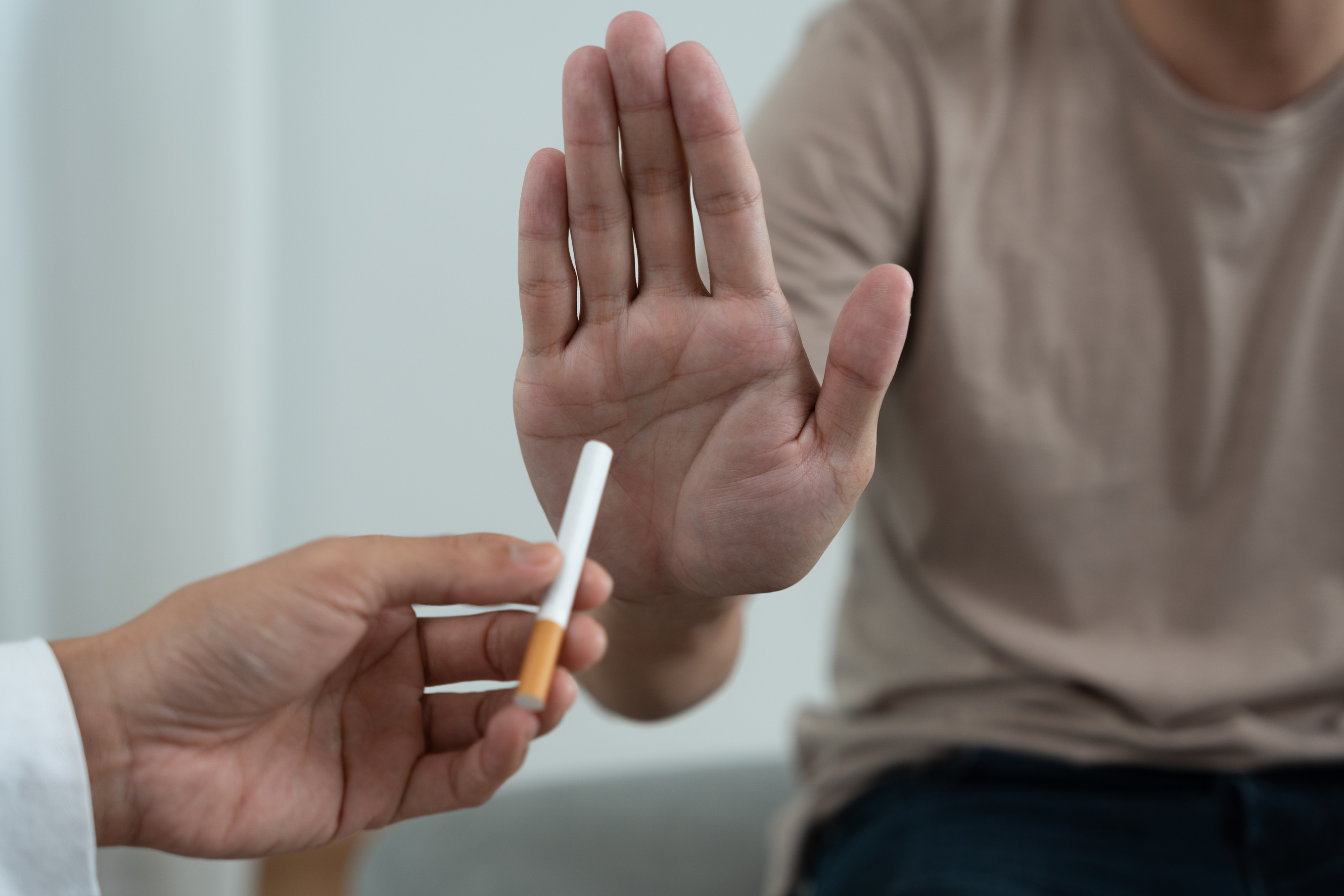 No smoking. Man stop smoke, refuse, reject, break take cigarette